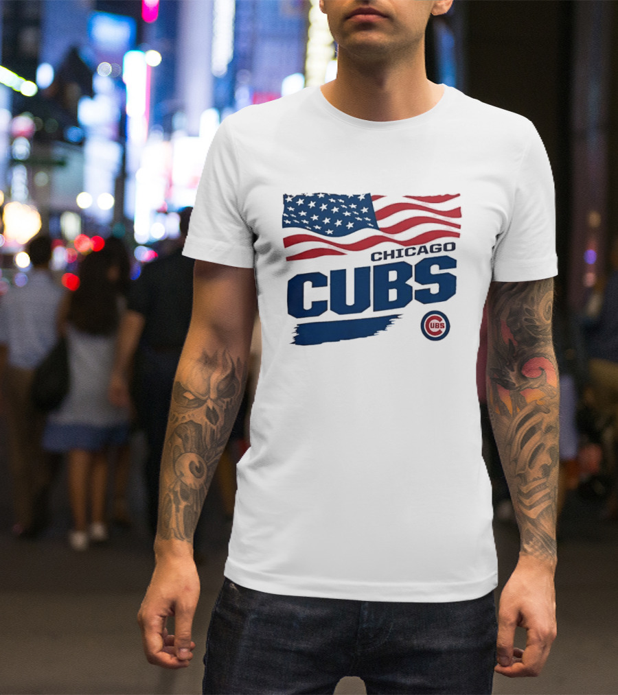 Chicago Cubs American Flag Waving Paint Brush Stroke MLB Cubs T-Shirt