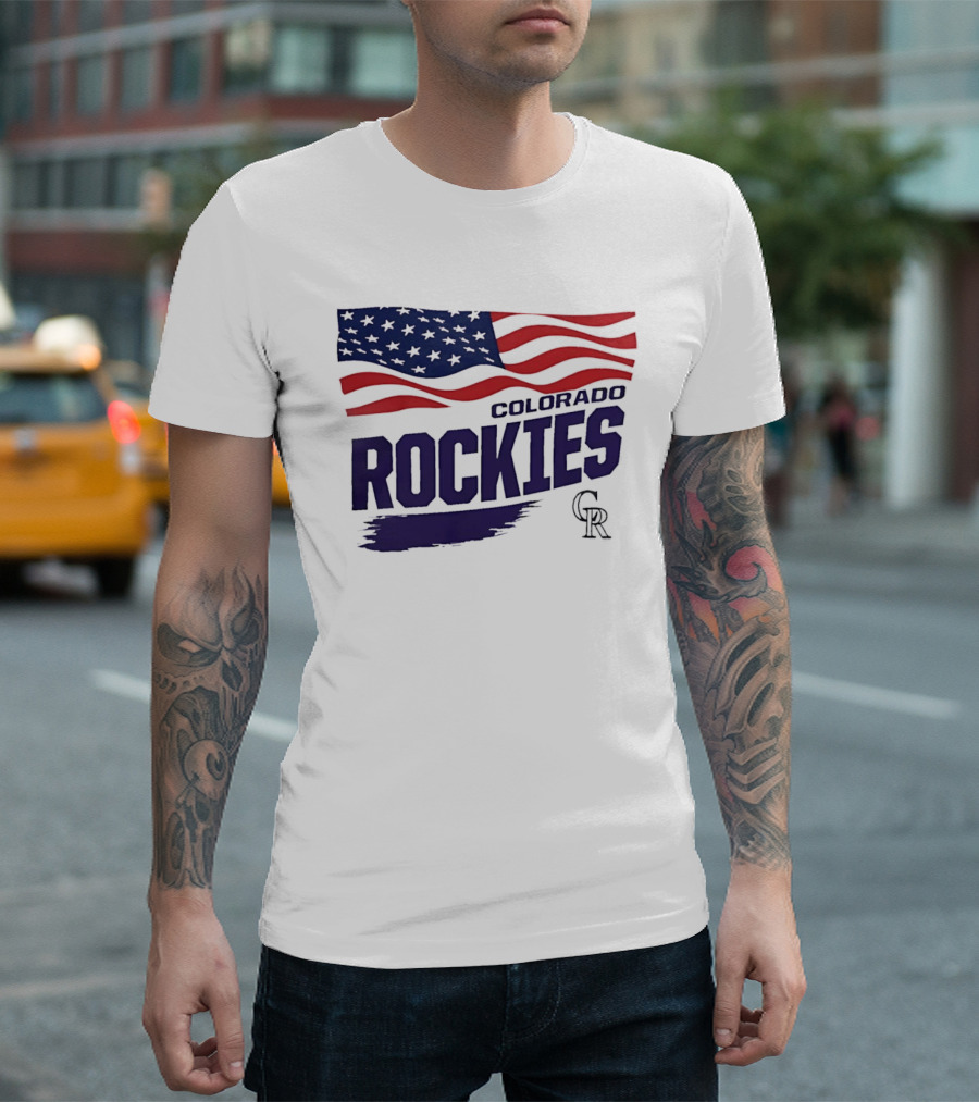 Colorado Rockies MLB American Flag Brush Stroke Waving T-Shirt