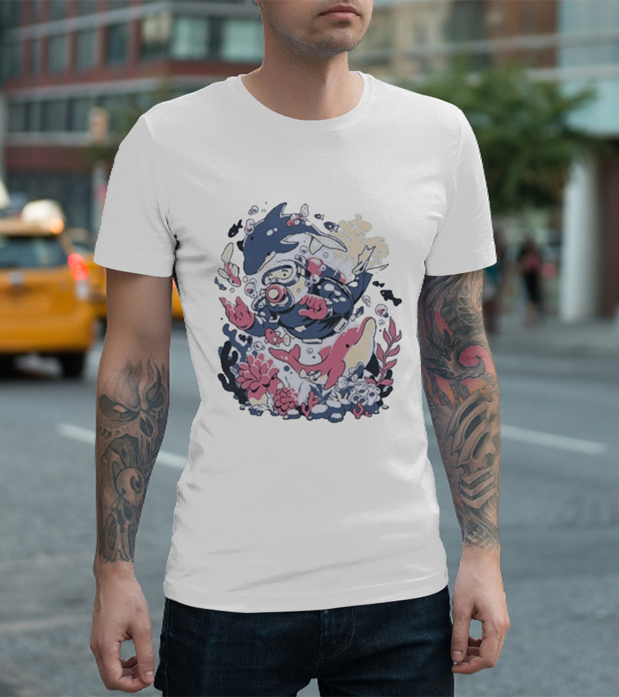 Fangamer Dolphins Dive Underwater Adventure With Diver And Marine Life T-Shirt