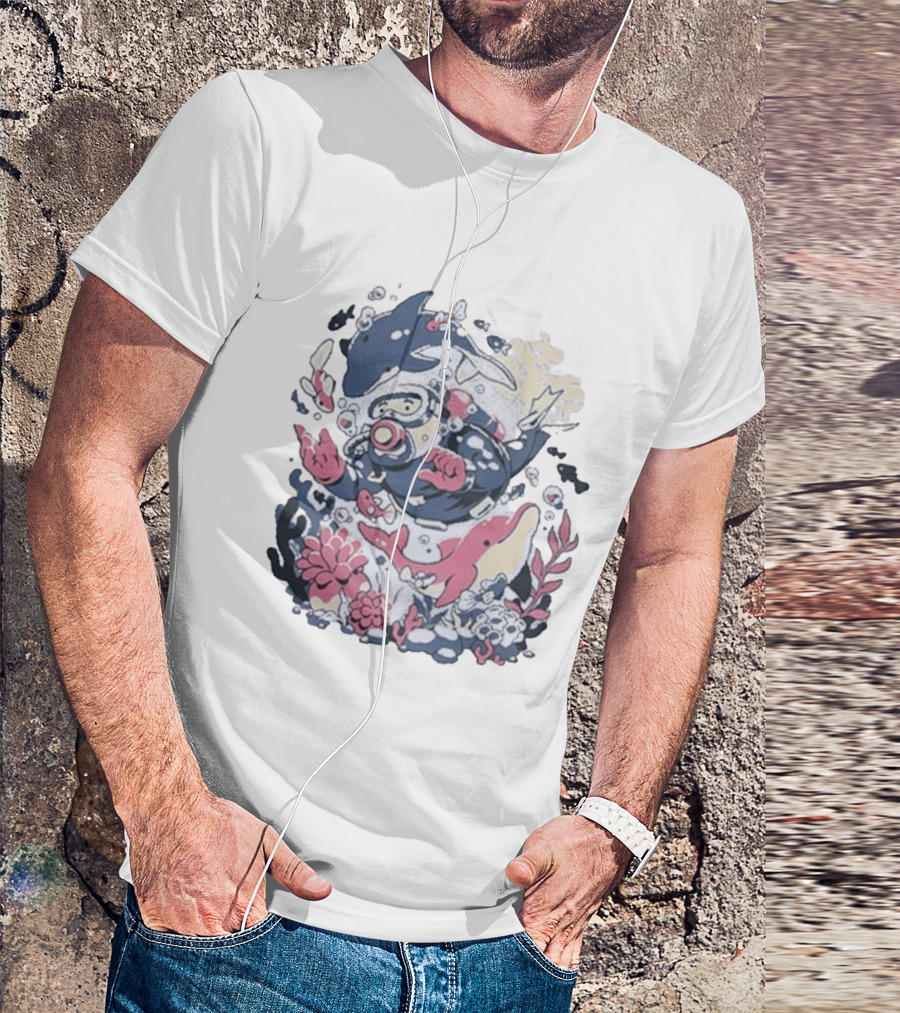 Fangamer Dolphins Dive Underwater Adventure With Diver And Marine Life T-Shirt