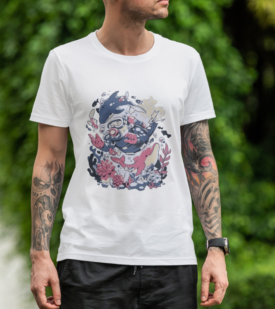 Fangamer Dolphins Dive Underwater Adventure With Diver And Marine Life T-Shirt