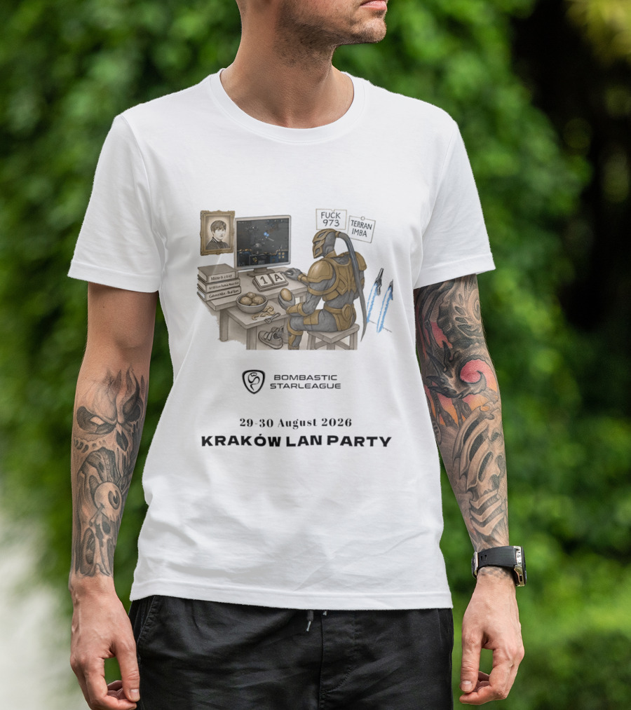 Bombastic StarLeague LAN Party Kraków August 2026 Terran Imba Micro Trap Nexus Gatewayman T-Shirt