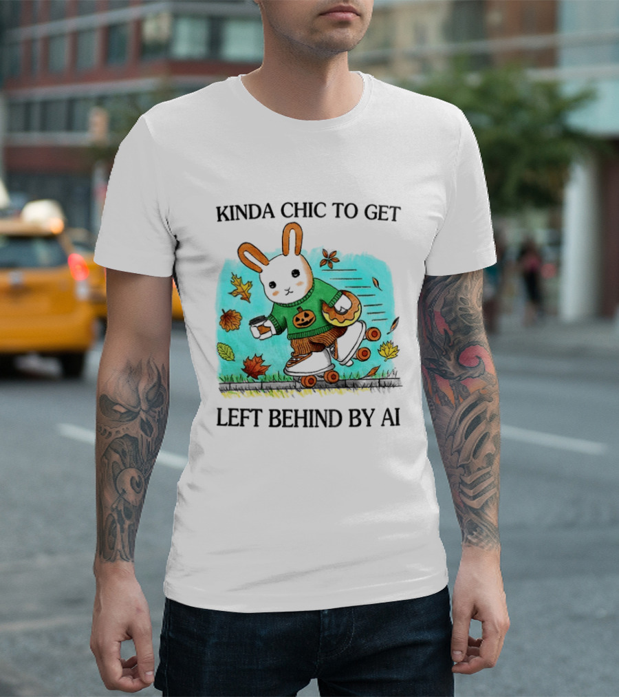 Kinda Chic Rabbit Roller Skating With Pumpkin Happy Fall Leaves Left Behind By AI T-Shirt