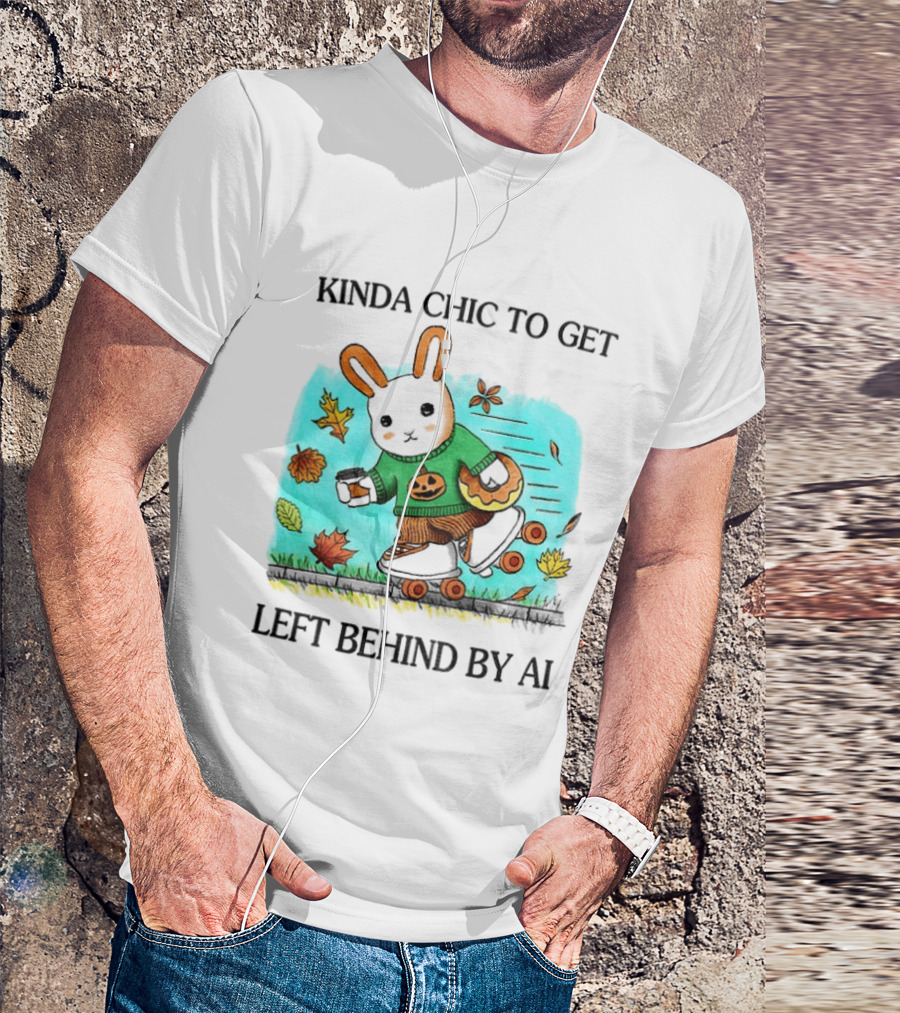 Kinda Chic Rabbit Roller Skating With Pumpkin Happy Fall Leaves Left Behind By AI T-Shirt