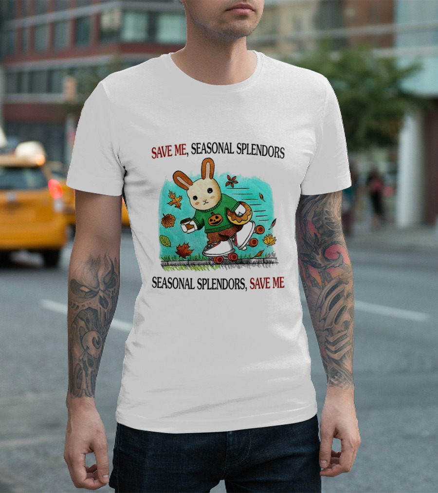 Skater Rabbit With Coffee And Donut Save Me Seasonal Splendors Leaves T-Shirt