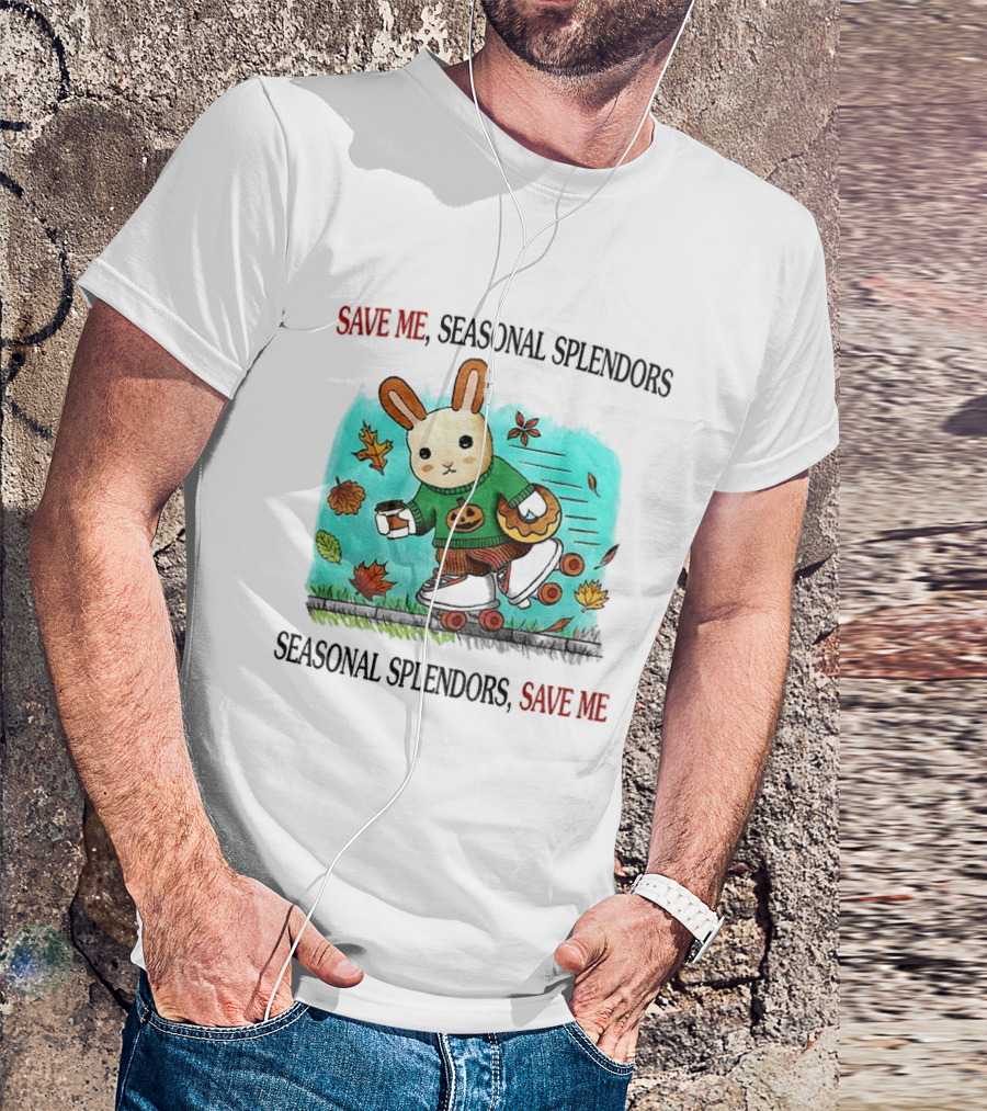 Skater Rabbit With Coffee And Donut Save Me Seasonal Splendors Leaves T-Shirt