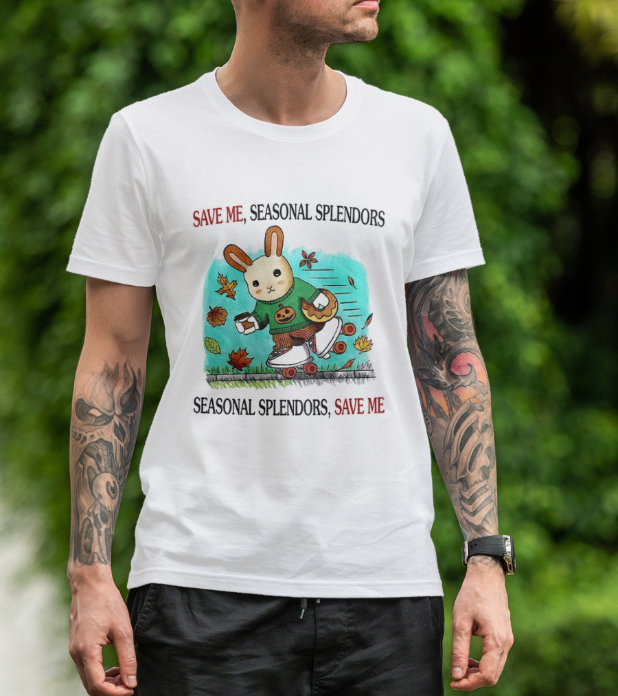 Skater Rabbit With Coffee And Donut Save Me Seasonal Splendors Leaves T-Shirt