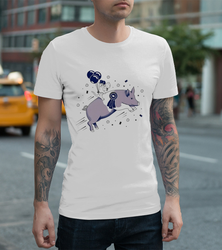 Raygun Cartoon Cowboy Cat Riding Flying Pig With Iowa Ribbon And Balloons T-Shirt