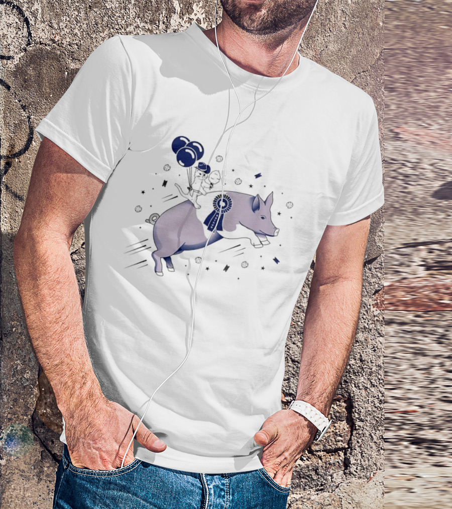 Raygun Cartoon Cowboy Cat Riding Flying Pig With Iowa Ribbon And Balloons T-Shirt