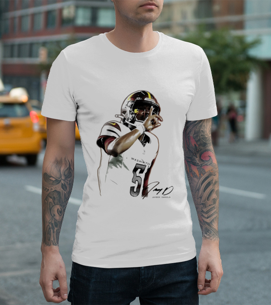 Washington Commanders Jayden Daniels Quarterback Finger To Lips Photo Cutout T-Shirt