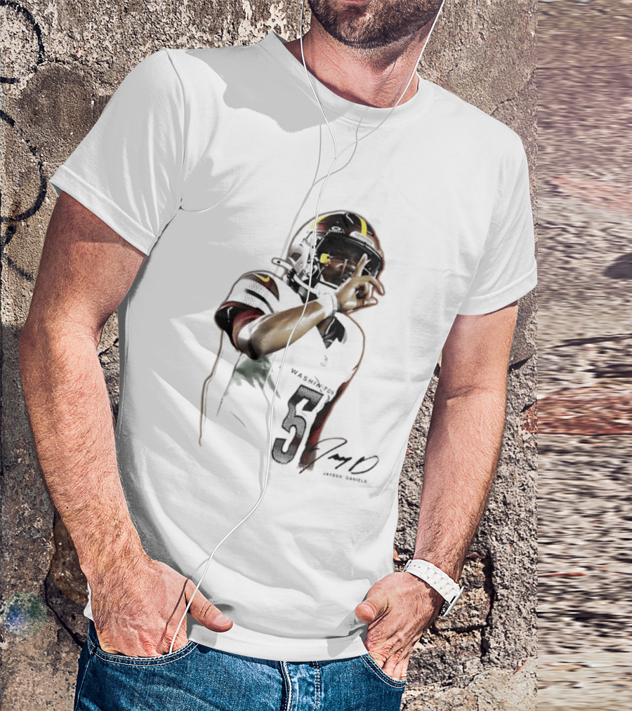 Washington Commanders Jayden Daniels Quarterback Finger To Lips Photo Cutout T-Shirt