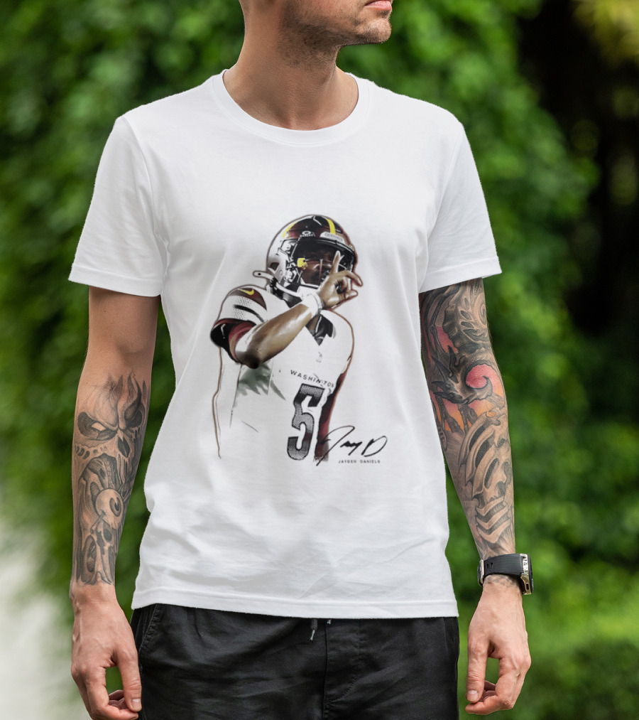 Washington Commanders Jayden Daniels Quarterback Finger To Lips Photo Cutout T-Shirt