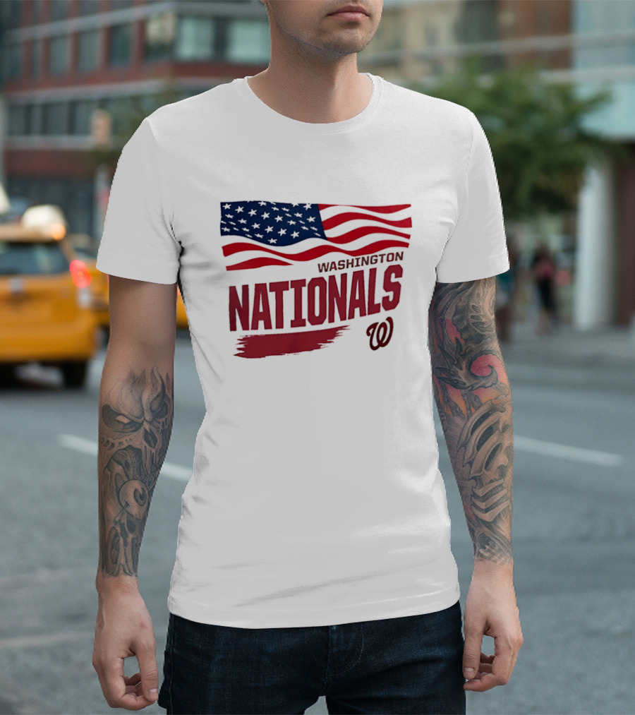 Washington Nationals Waving American Flag Red Brushstroke MLB T-Shirt