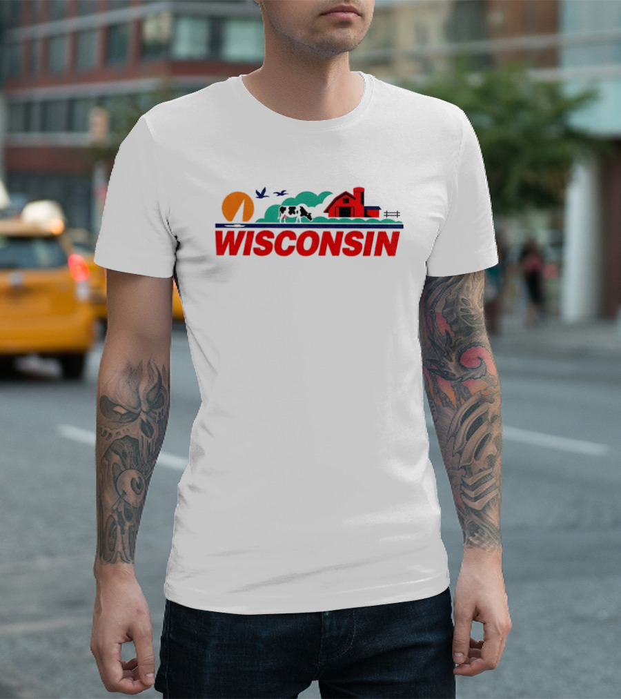 Wisconsin Dairy Cow Barn Sunset Landscape T-Shirt