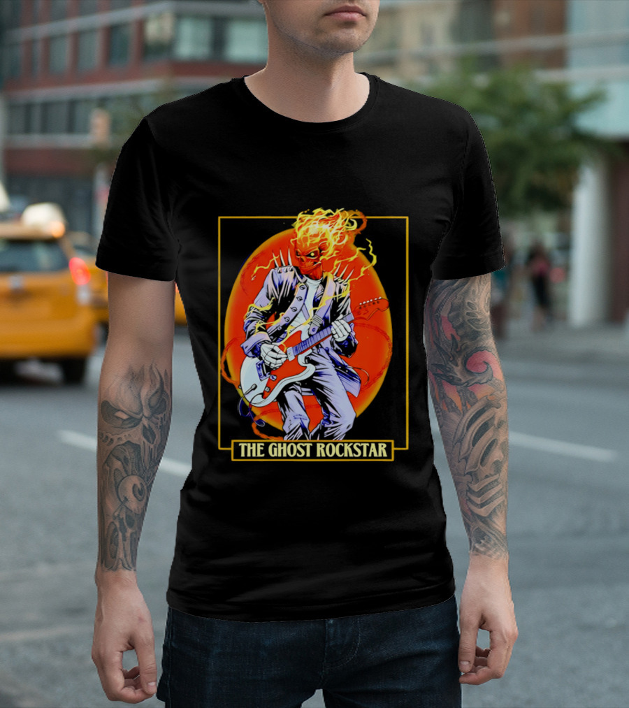 Ghost Rider The Ghost Rockstar Flaming Guitar Hero Fiery Skull T-Shirt