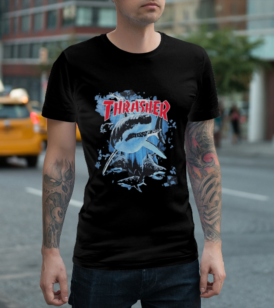 Thrasher Shark Blue Print Skateboarding T-Shirt