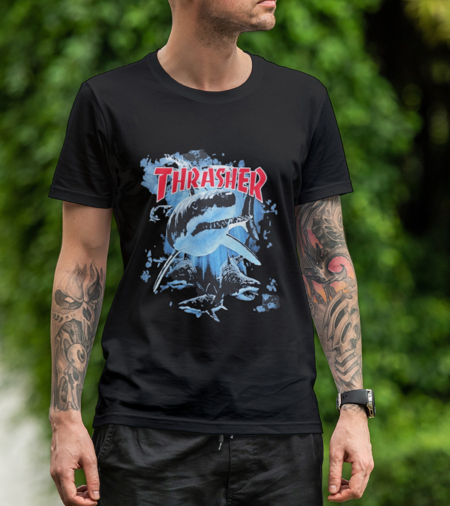 Thrasher Shark Blue Print Skateboarding T-Shirt