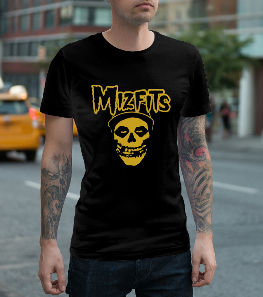 Mizfits Yellow Dripping Horror Font Skull In Baseball Cap T-Shirt