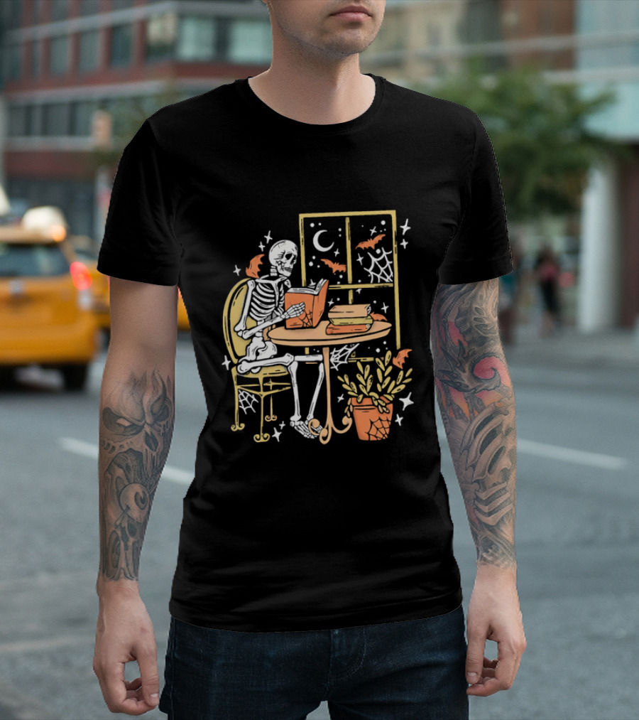 Cartoon Skeleton Reading Under Crescent Moon With Bats Orange Book Table Window T-Shirt