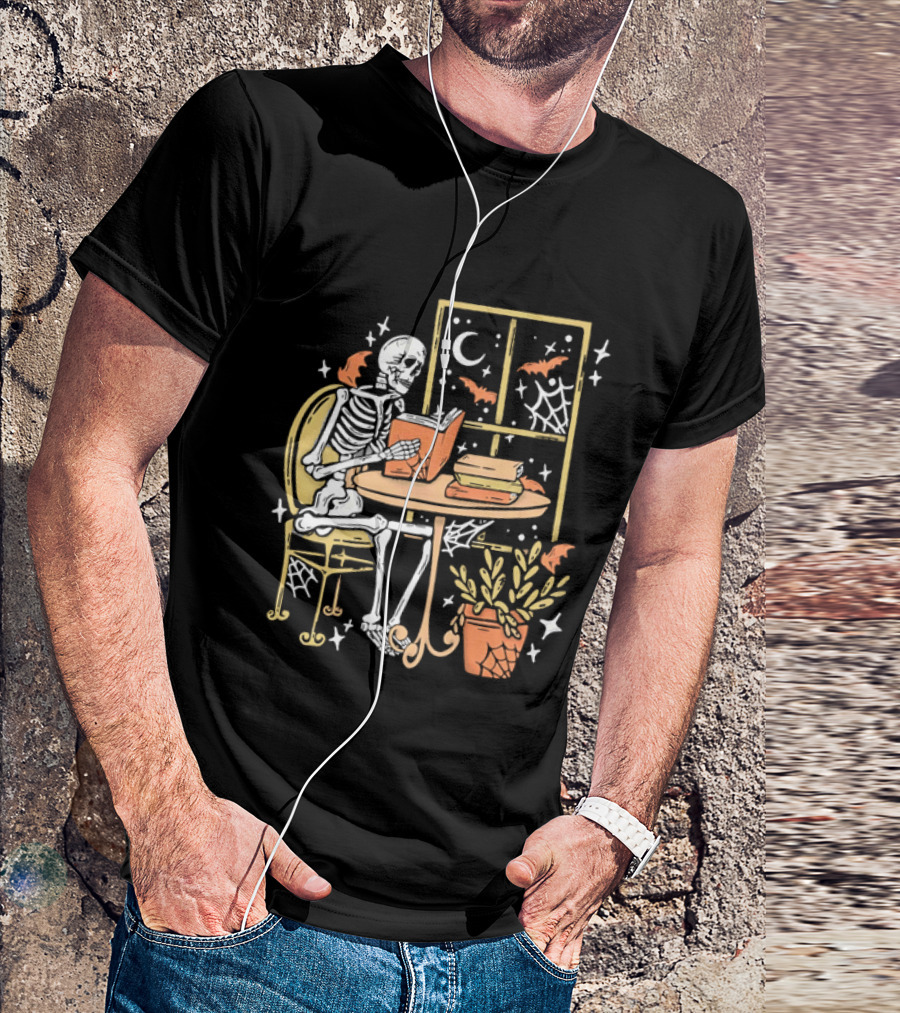 Cartoon Skeleton Reading Under Crescent Moon With Bats Orange Book Table Window T-Shirt