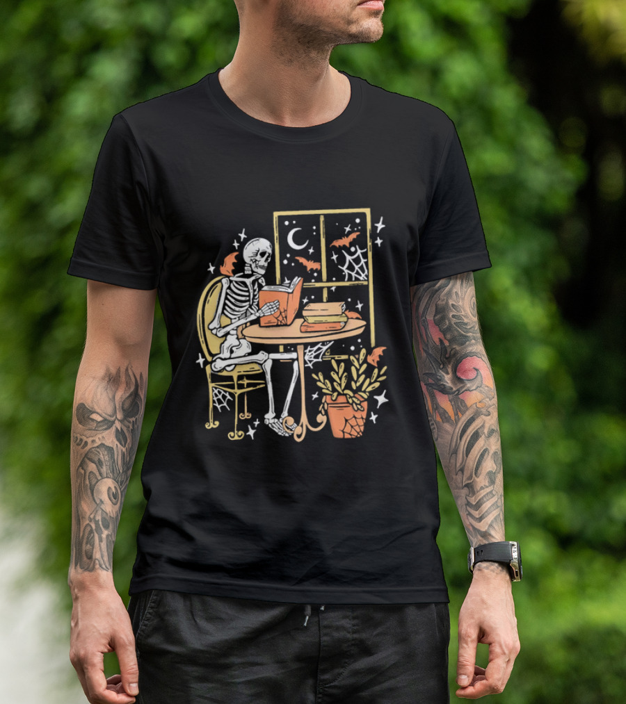 Cartoon Skeleton Reading Under Crescent Moon With Bats Orange Book Table Window T-Shirt