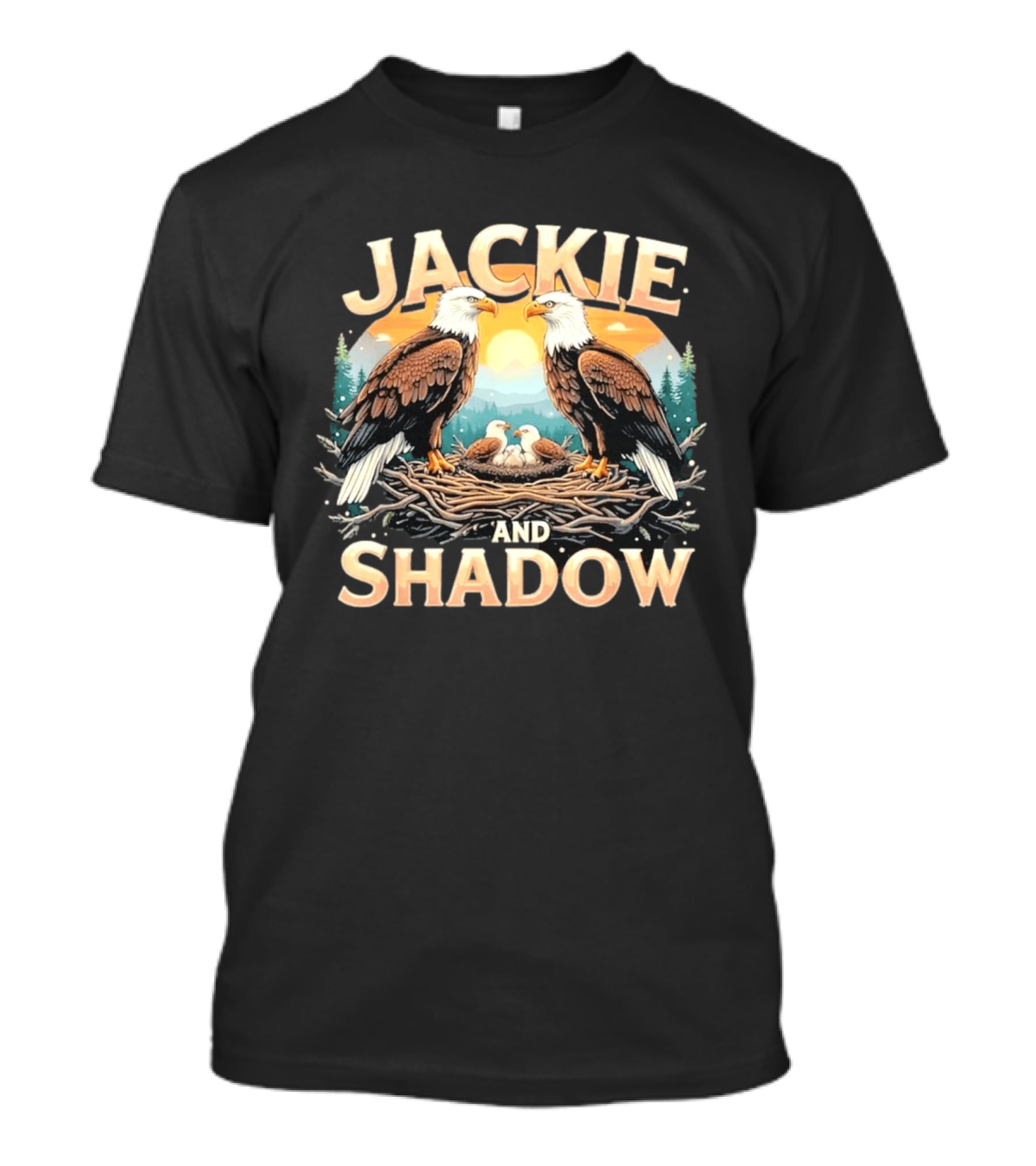 Jackie And Shadow American Eagles Family In Nest With Mountains And Sun T-Shirt