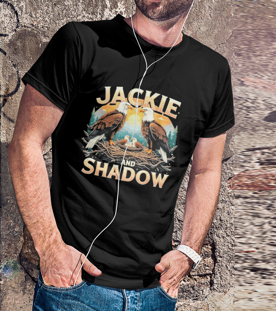 Jackie And Shadow American Eagles Family In Nest With Mountains And Sun T-Shirt