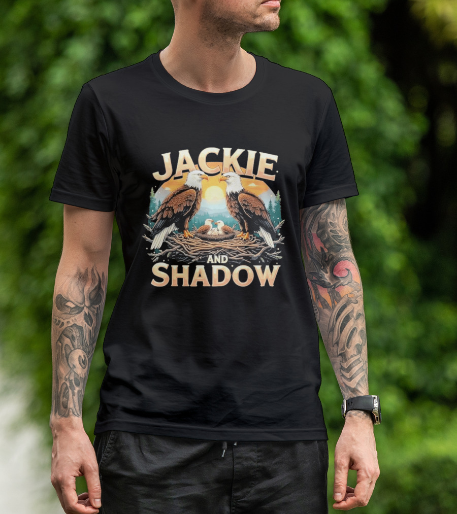 Jackie And Shadow American Eagles Family In Nest With Mountains And Sun T-Shirt