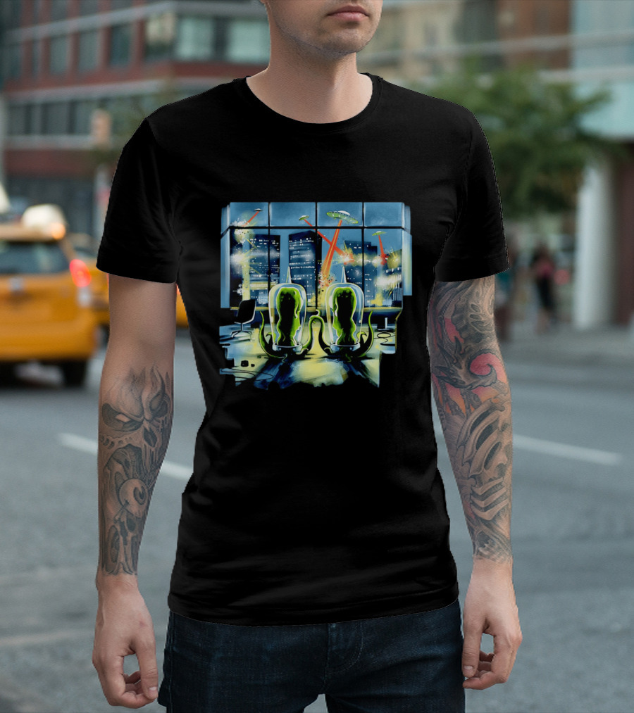 Project Rigel Alien Invasion City Battle Scene With Flying Saucers And Lasers T-Shirt