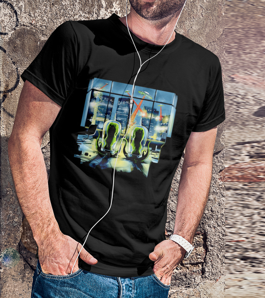 Project Rigel Alien Invasion City Battle Scene With Flying Saucers And Lasers T-Shirt