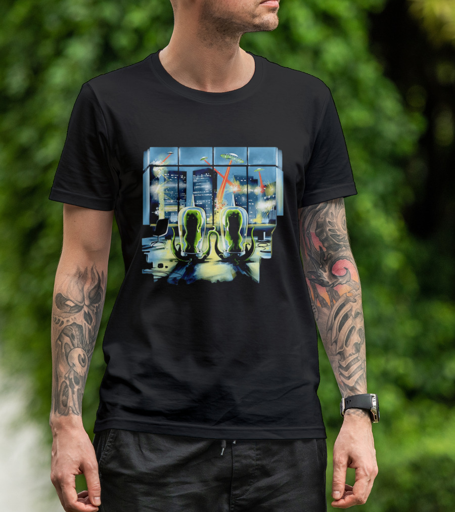 Project Rigel Alien Invasion City Battle Scene With Flying Saucers And Lasers T-Shirt