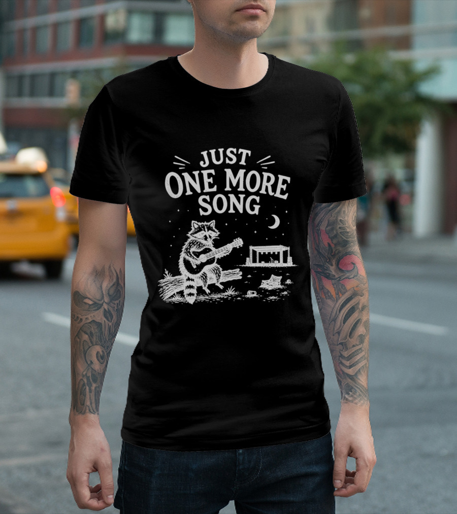 Just One More Song Raccoon Playing Guitar Under Moon And Stars T-Shirt