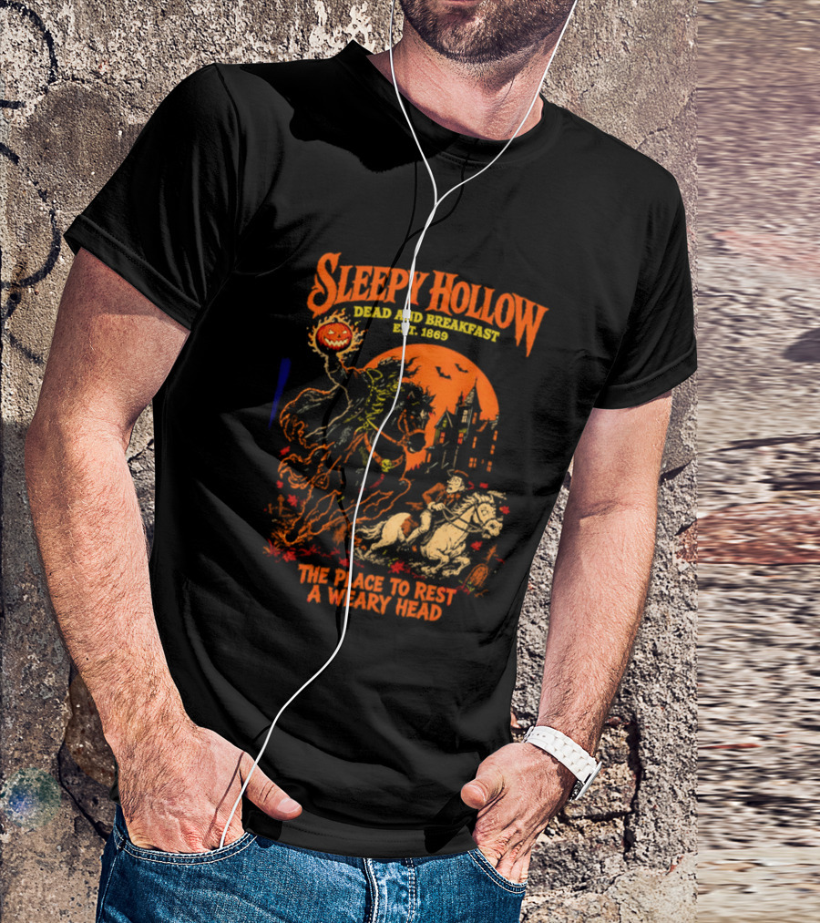 Sleepy Hollow Dead And Breakfast Est 1820 Headless Horseman The Place To Rest A Weary Head Halloween Pumpkin T-Shirt