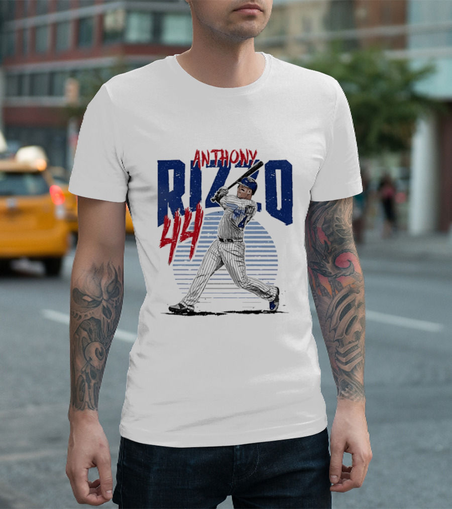 Anthony Rizzo 44 Baseball Batter Swinging Striped Sun Distressed T-Shirt