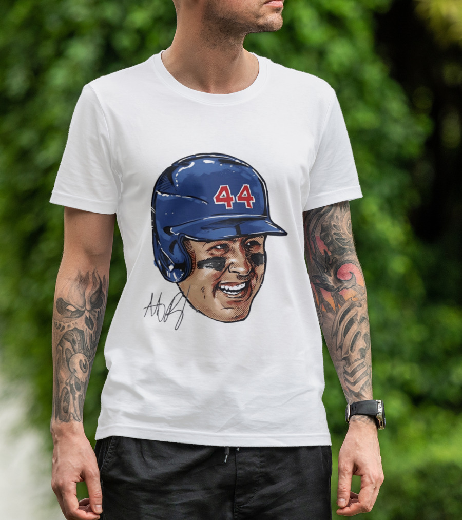 Anthony Rizzo 44 Blue Helmet Halftone Caricature T-Shirt