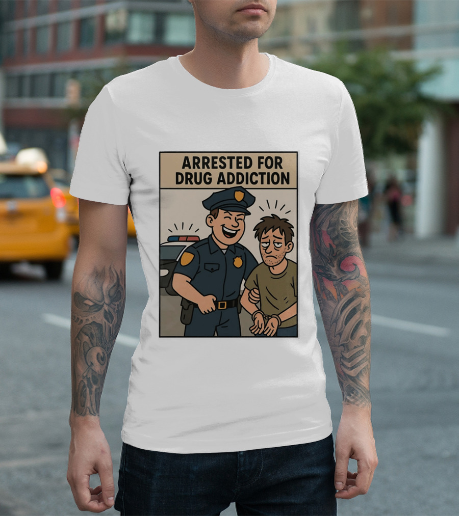Arrested For Drug Addiction Cartoon Police Officer And Suspect T-Shirt