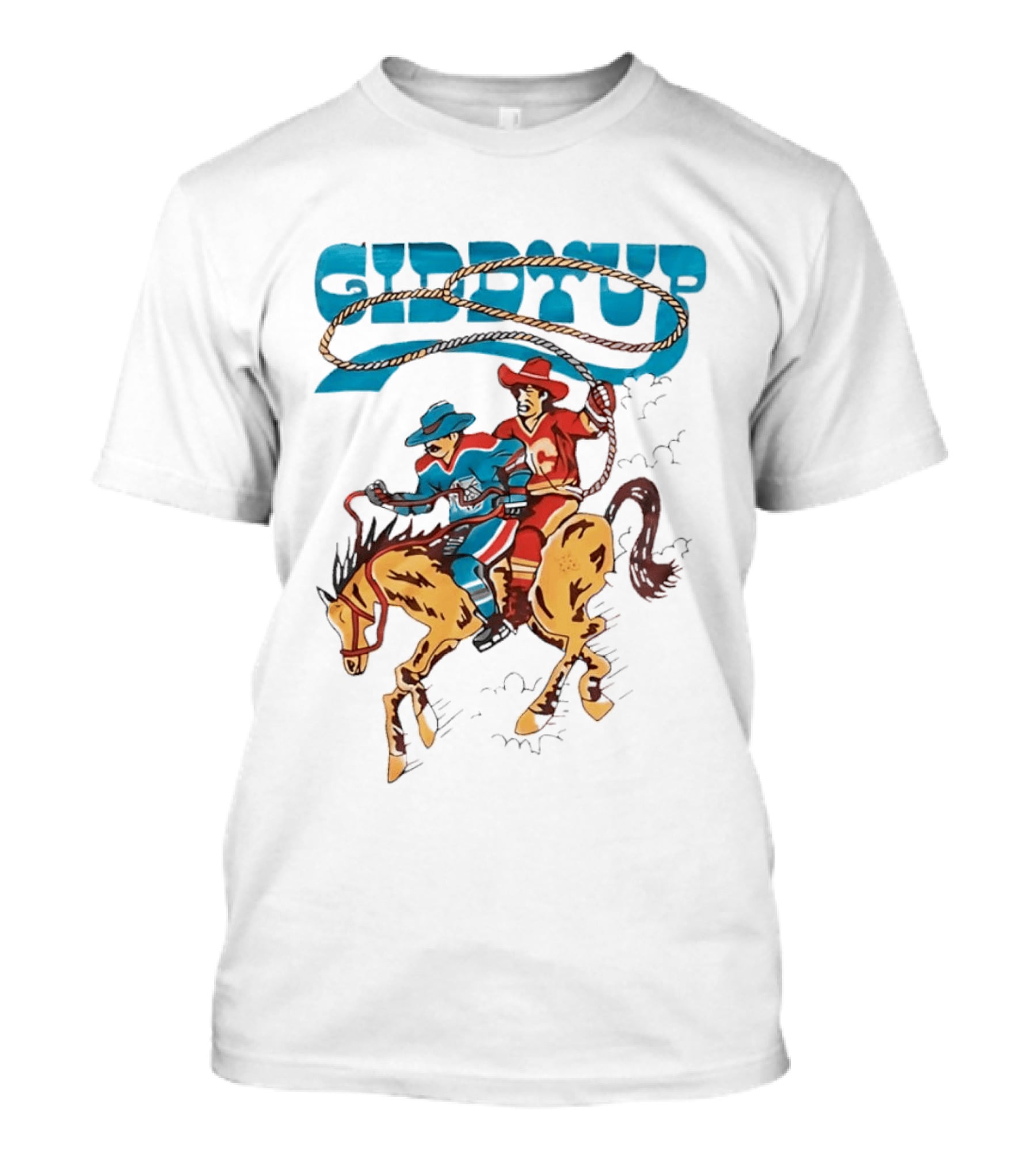 Calgary Flames Edmonton Oilers NHL Hockey Players Giddyup Cartoon Riding Bucking Horse Lasso T-Shirt