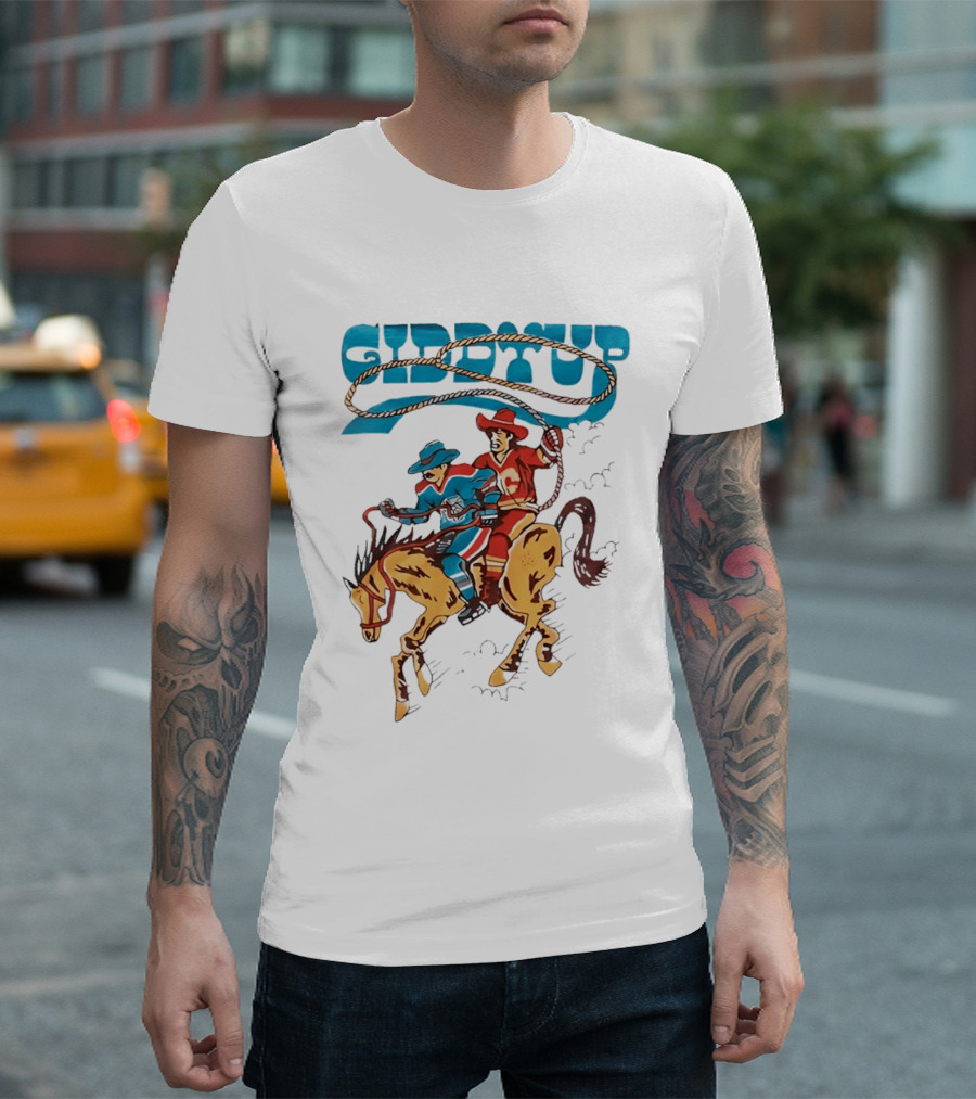 Calgary Flames Edmonton Oilers NHL Hockey Players Giddyup Cartoon Riding Bucking Horse Lasso T-Shirt