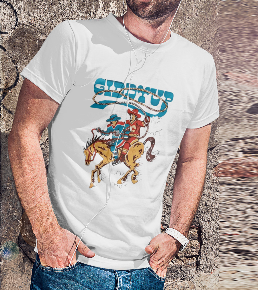 Calgary Flames Edmonton Oilers NHL Hockey Players Giddyup Cartoon Riding Bucking Horse Lasso T-Shirt