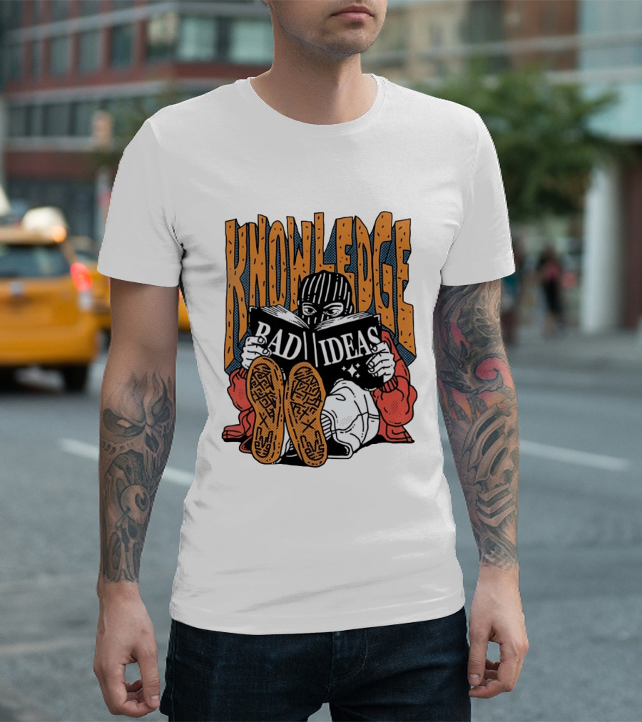 Knowledge Bad Ideas Elyski Balaclava Reading Book Shoe Soles Halftone Cartoon T-Shirt