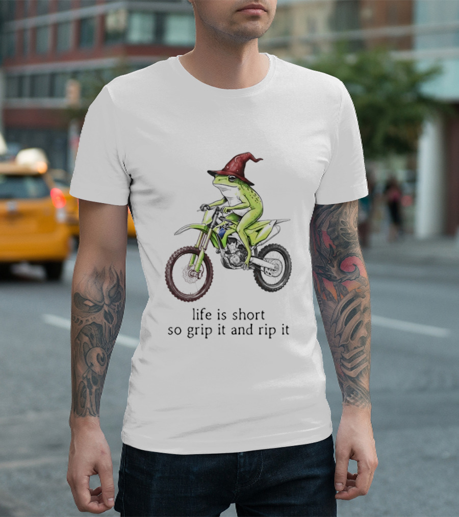 Life Is Short So Grip It And Rip It Frog Red Wizard Hat Green Dirt Bike Adventure T-Shirt