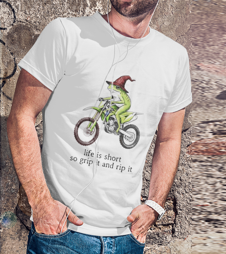 Life Is Short So Grip It And Rip It Frog Red Wizard Hat Green Dirt Bike Adventure T-Shirt