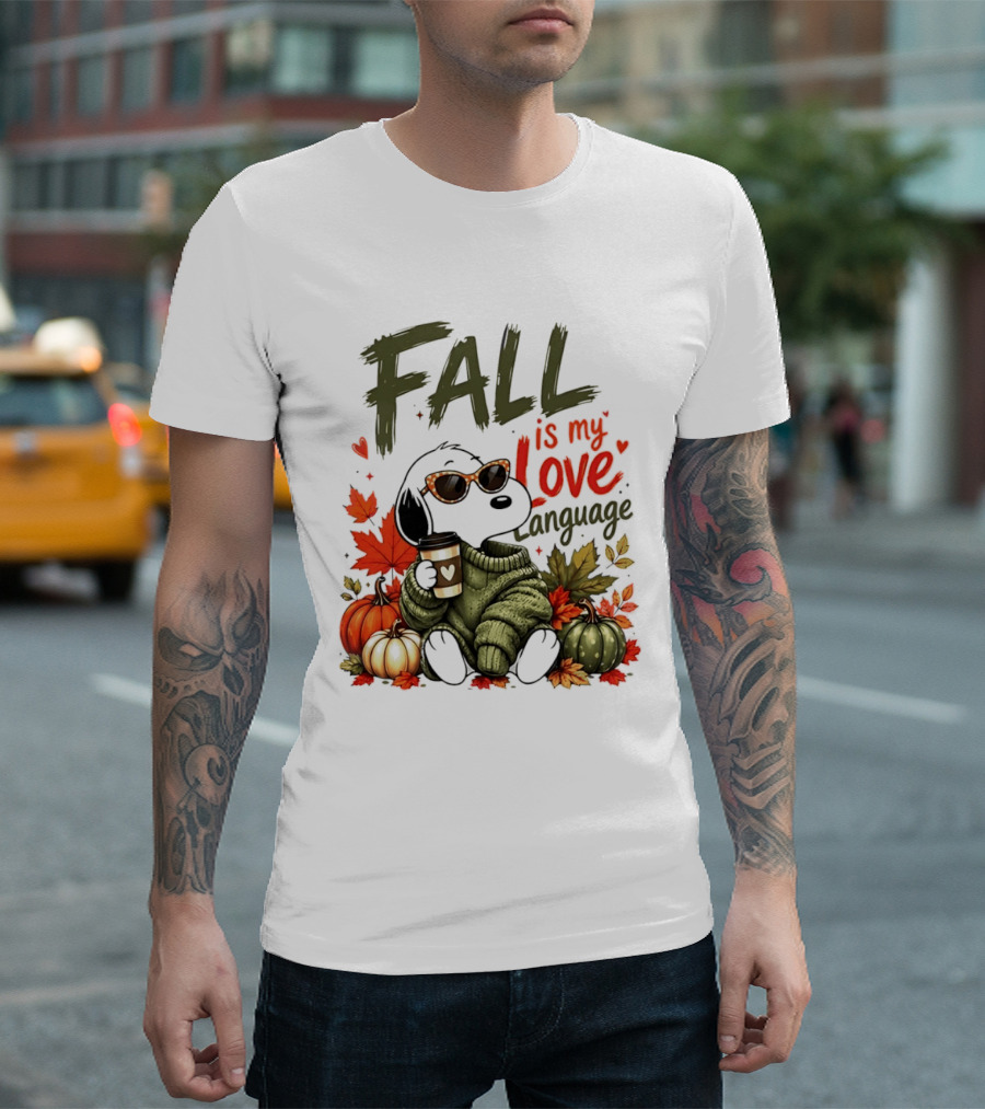 Fall Is My Love Language Cartoon Dog Cozy Green Sweater Pumpkins Leaves Coffee T-Shirt