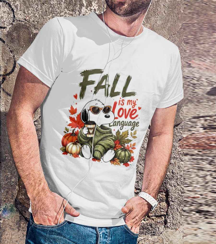 Fall Is My Love Language Cartoon Dog Cozy Green Sweater Pumpkins Leaves Coffee T-Shirt