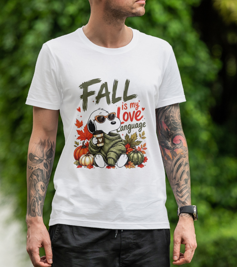 Fall Is My Love Language Cartoon Dog Cozy Green Sweater Pumpkins Leaves Coffee T-Shirt