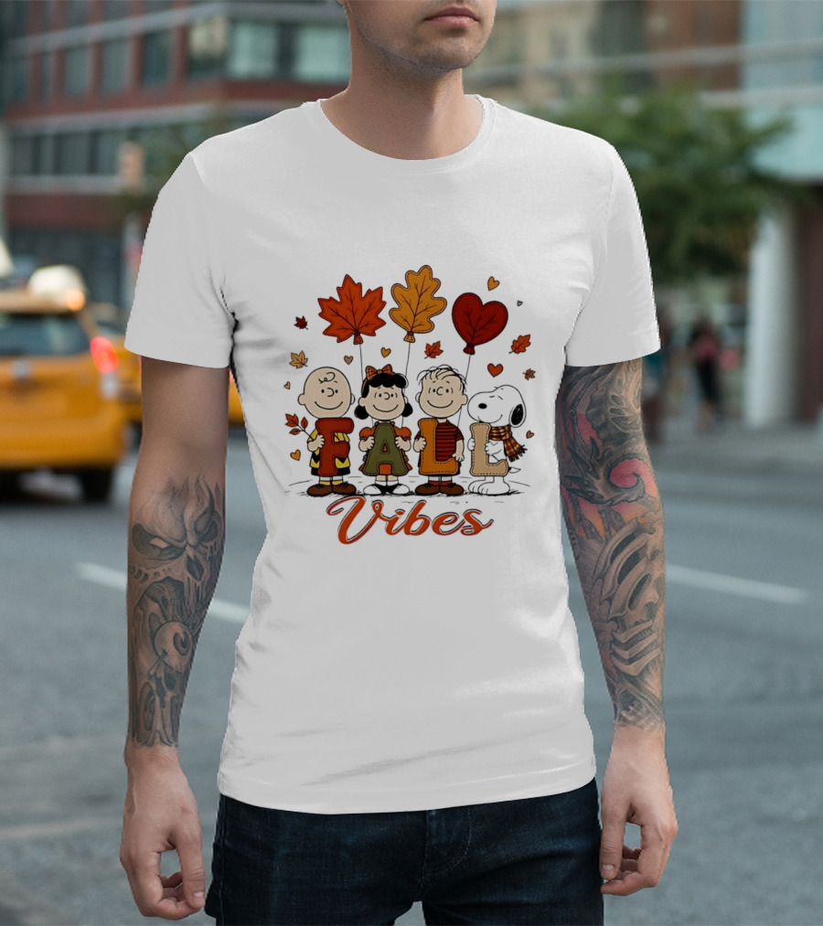 Fall Vibes Peanuts Characters With Leaf Balloons T-Shirt