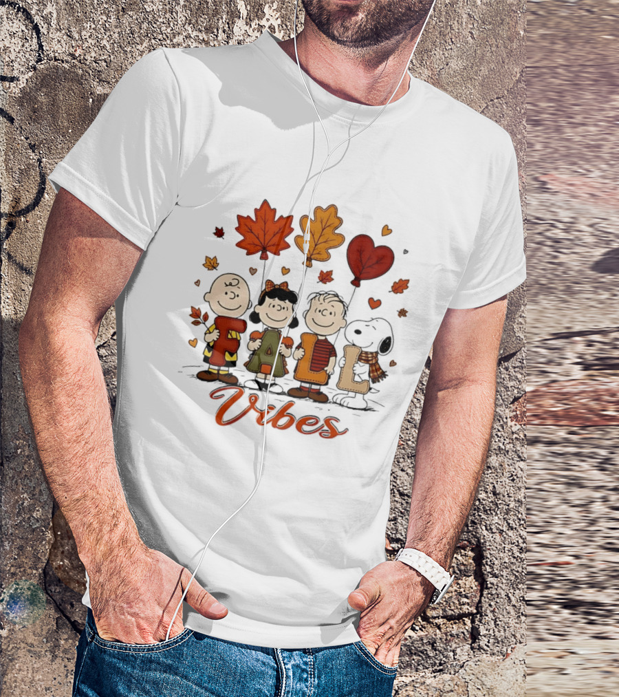 Fall Vibes Peanuts Characters With Leaf Balloons T-Shirt