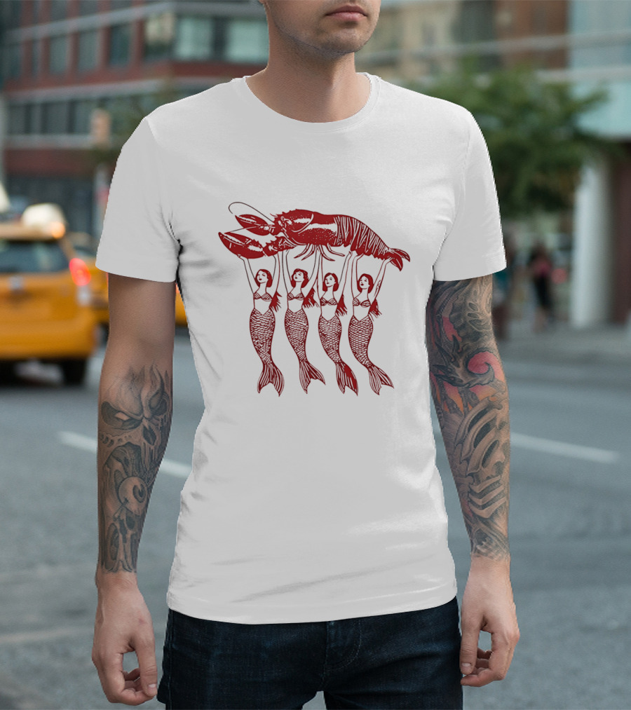 Four Mermaids Holding A Lobster Vintage Red Sea Creature T-Shirt