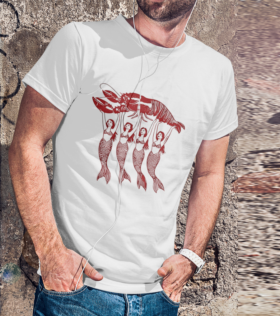 Four Mermaids Holding A Lobster Vintage Red Sea Creature T-Shirt