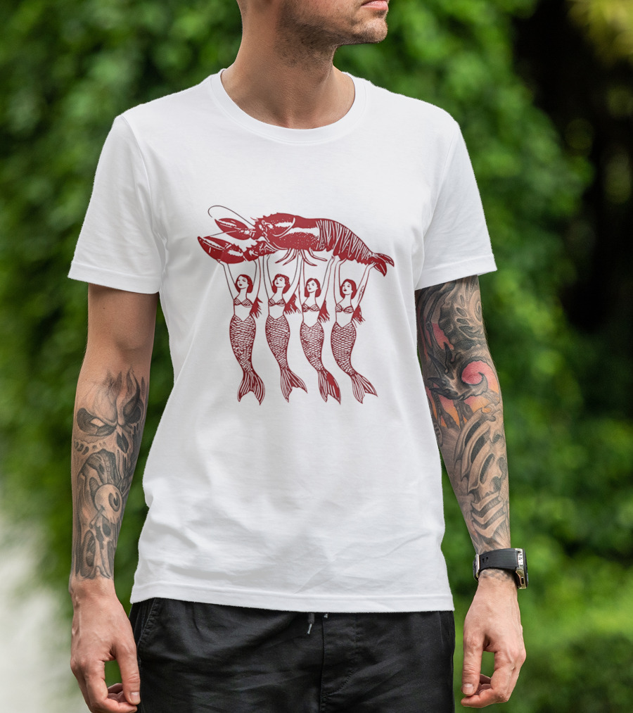 Four Mermaids Holding A Lobster Vintage Red Sea Creature T-Shirt